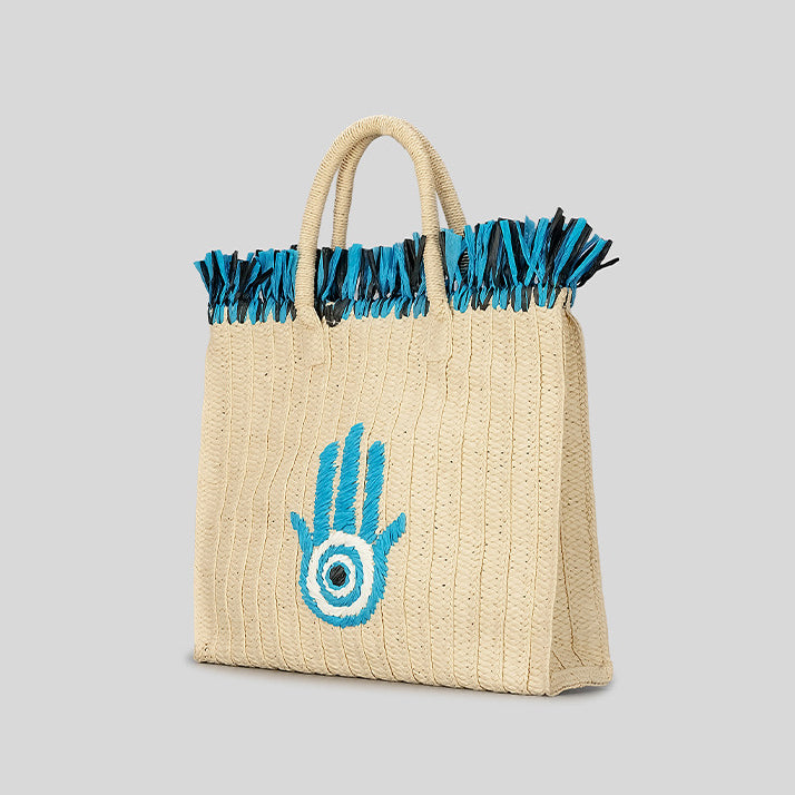 Sac de paille de vacances à pompon de grande capacité avec motif Hamsa Evil Eye Olivenorma