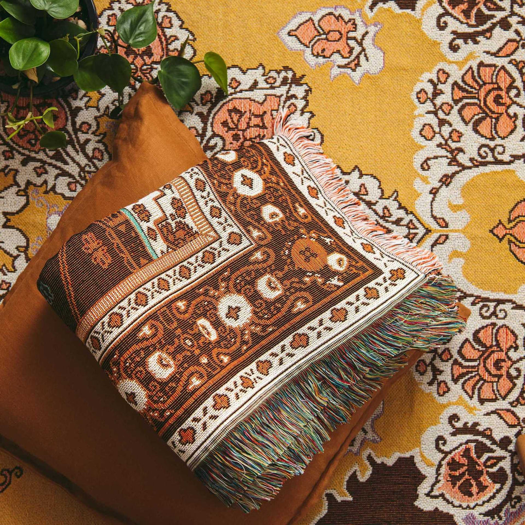 Couverture tissée à franges et pompons à fleurs géométriques bohème Olivenorma