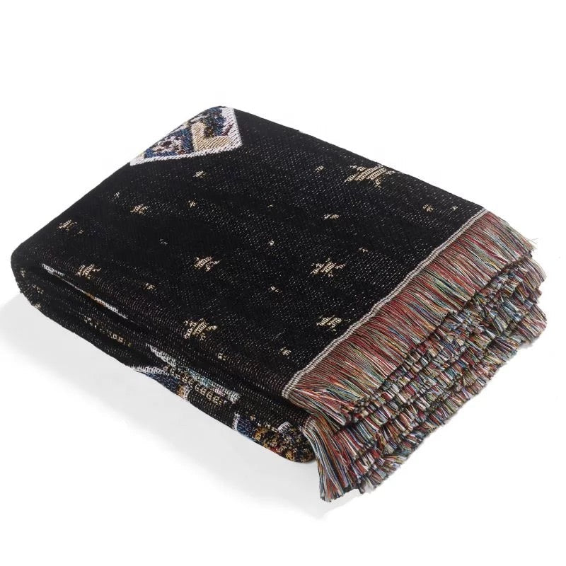 Couverture tissée à pompons style bohème avec boussole et cartes de tarot Olivenorma