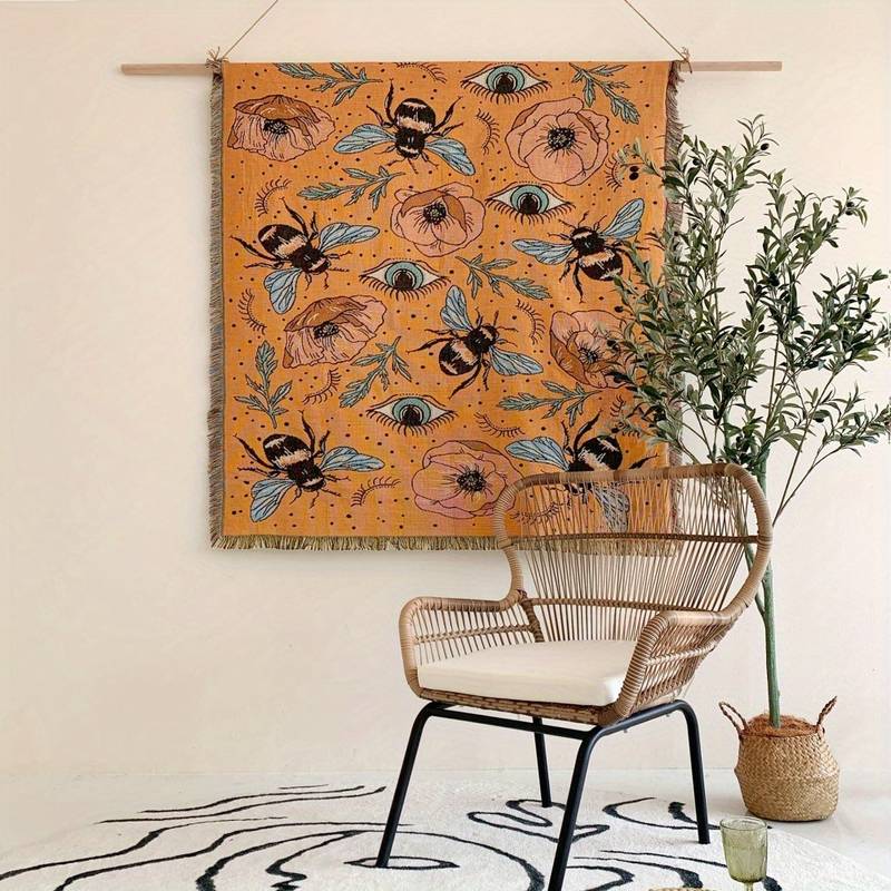 Couverture tissée à pompons avec fleurs de papillon orange Olivenorma