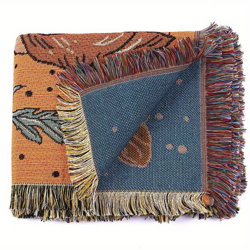 Couverture tissée à pompons avec fleurs de papillon orange Olivenorma