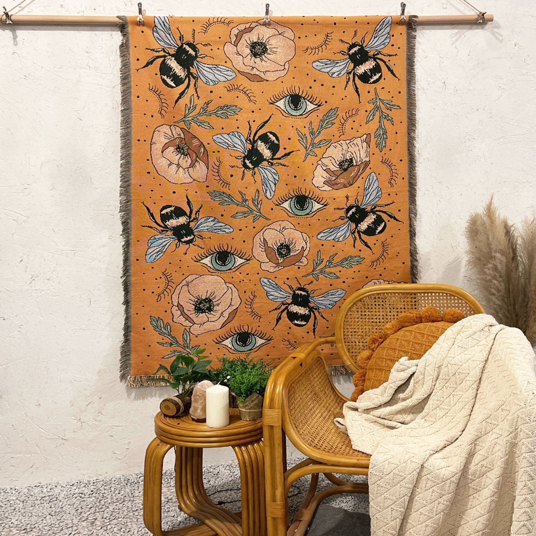 Couverture tissée à pompons avec fleurs de papillon orange Olivenorma