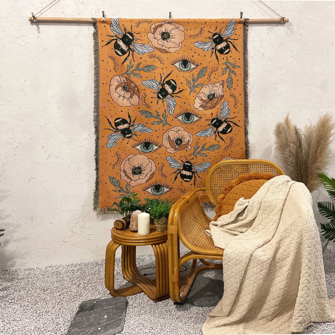 Couverture tissée à pompons avec fleurs de papillon orange Olivenorma