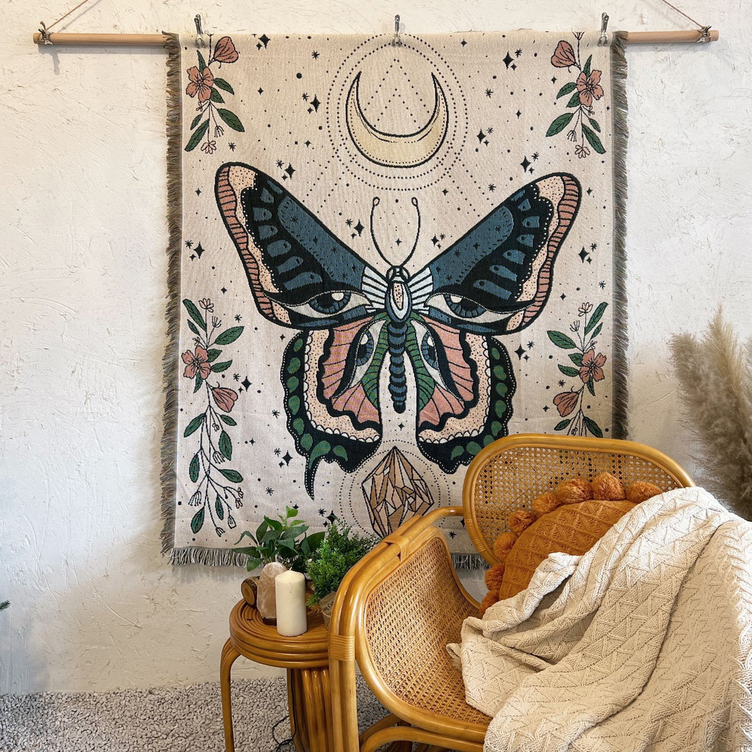 Couverture tissée à pompons avec motif papillon Olivenorma