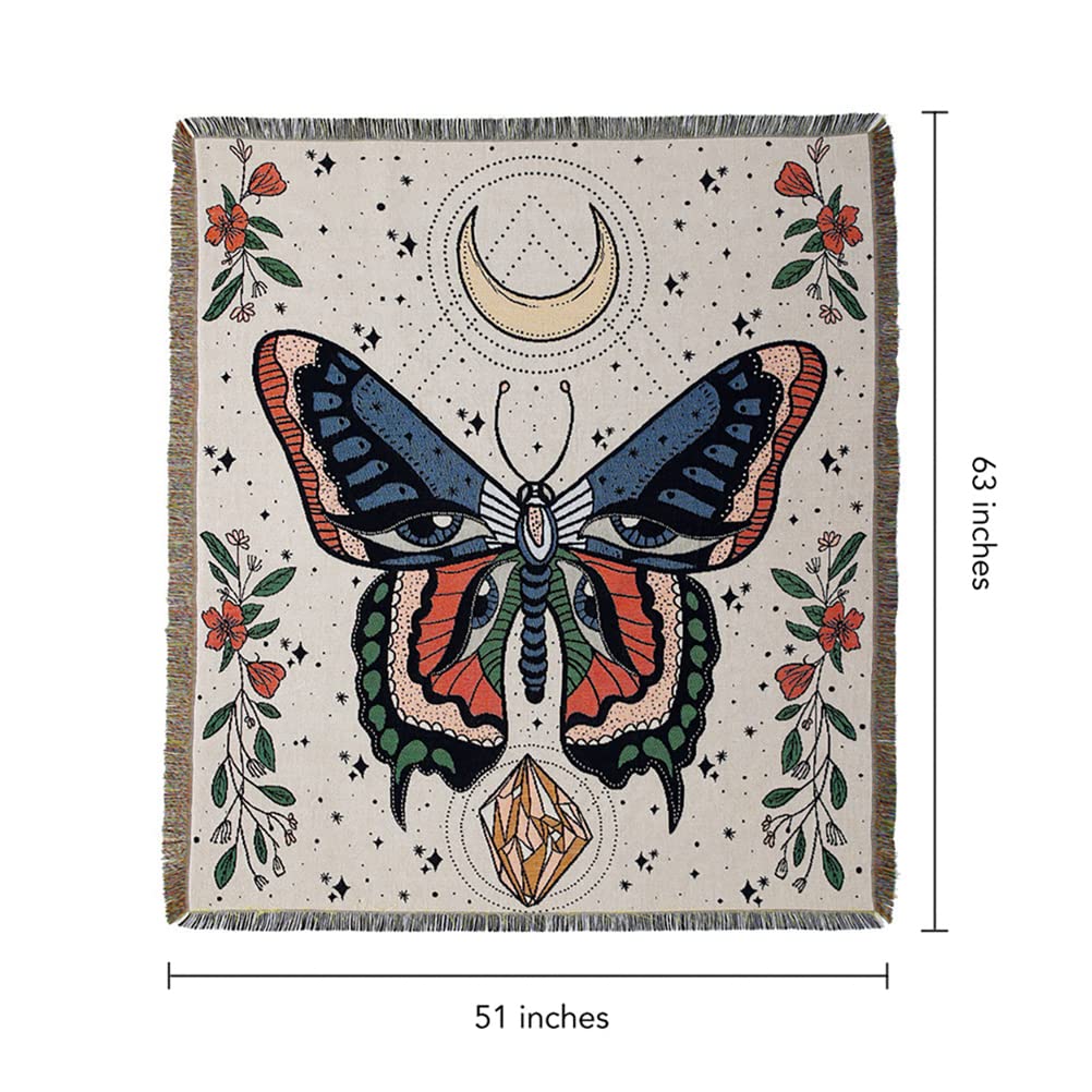 Couverture tissée à pompons avec motif papillon Olivenorma
