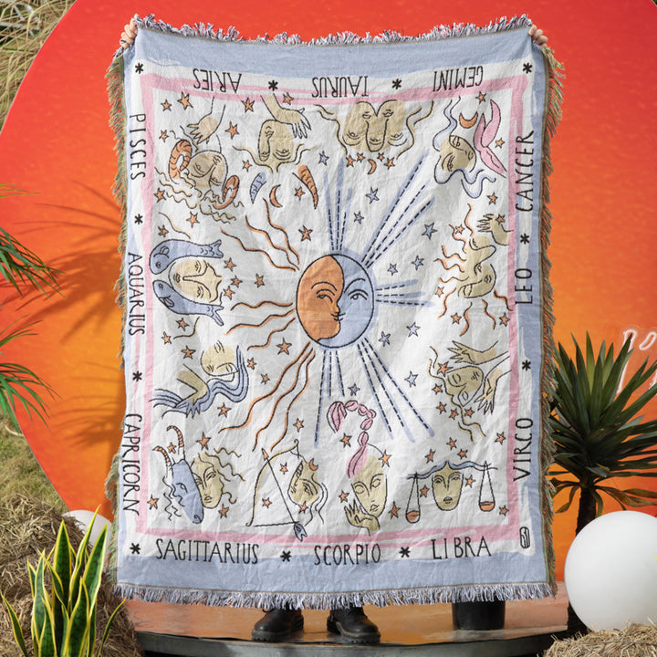 Couverture tissée à pompons style indien Olivenorma bleu et blanc Zodiac
