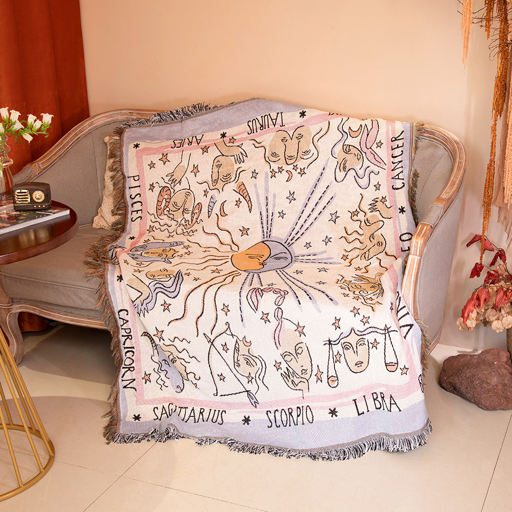 Couverture tissée à pompons style indien Olivenorma bleu et blanc Zodiac