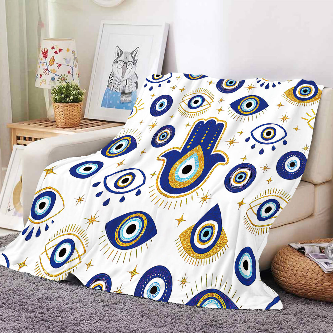 Couverture tissée en œil flanelle blanche et bleue avec motif mauvais et Hamsa Olivenorma
