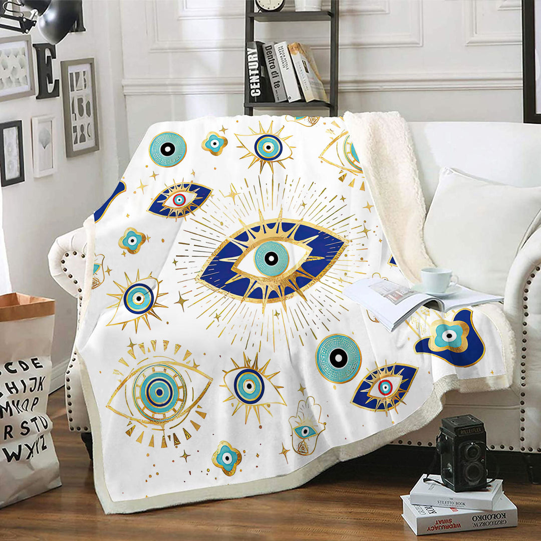 Couverture tissée en flanelle Olivenorma blanche et verte avec motif mauvais œil Hamsa