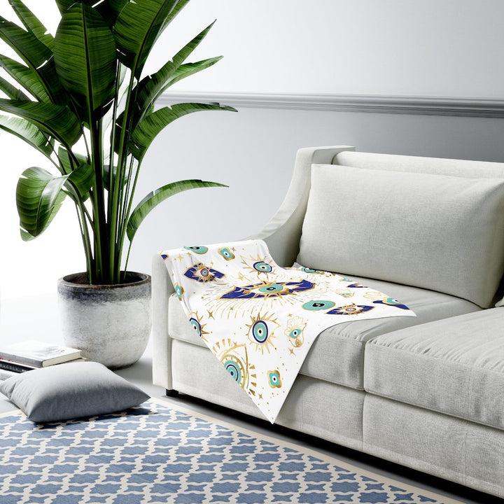 Couverture tissée en flanelle Olivenorma blanche et verte avec motif mauvais œil Hamsa