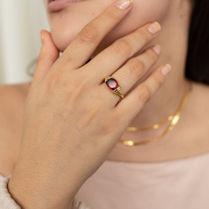 Bague en acier inoxydable avec pierre précieuse en quartz rubis Olivenorma
