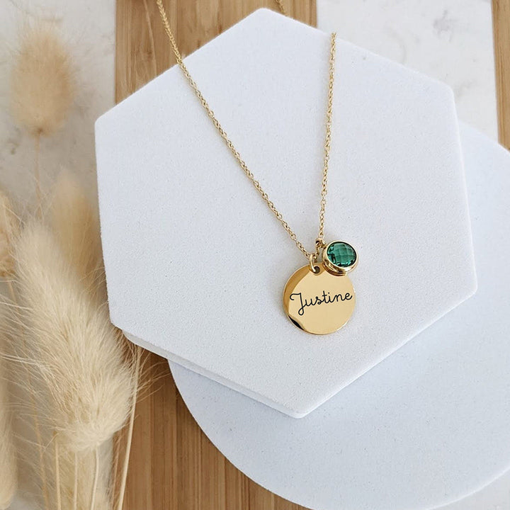 Collier avec pierre de naissance ronde gravée Olivenorma