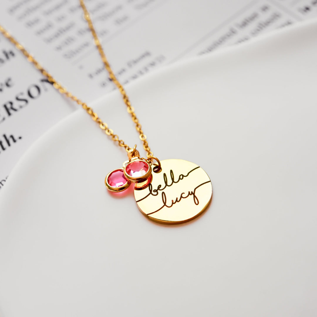 Collier avec pierre de naissance ronde gravée Olivenorma