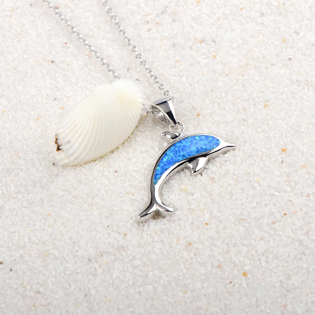 Collier pendentif dauphin océanique en opale bleue Olivenorma 