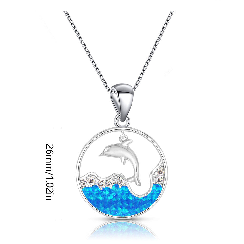 Collier pendentif dauphin océanique en zircon blanc et opale bleue Olivenorma