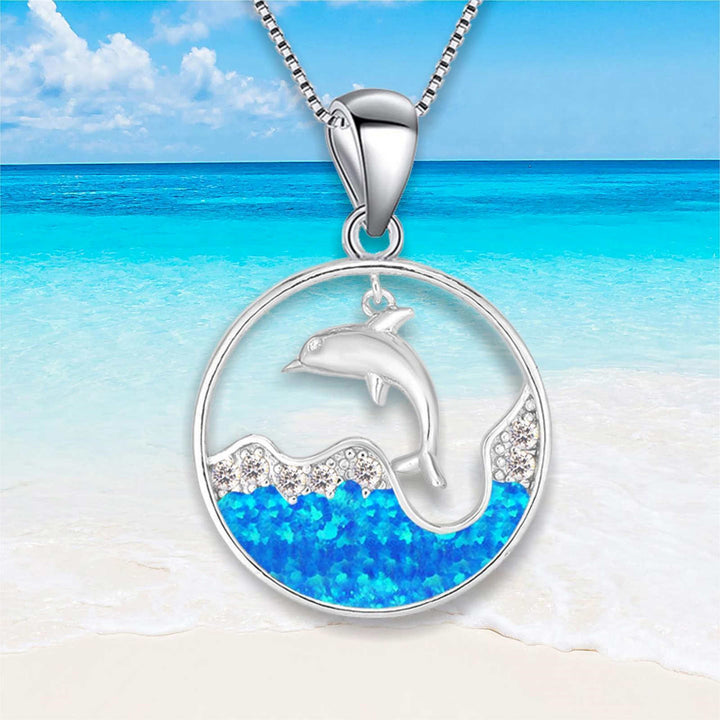 Collier pendentif dauphin océanique en zircon blanc et opale bleue Olivenorma