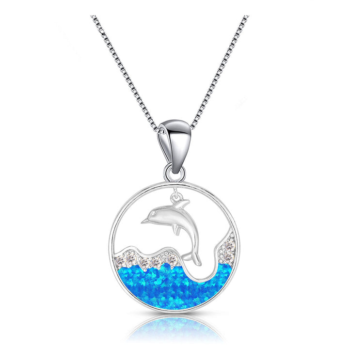 Collier pendentif dauphin océanique en zircon blanc et opale bleue Olivenorma