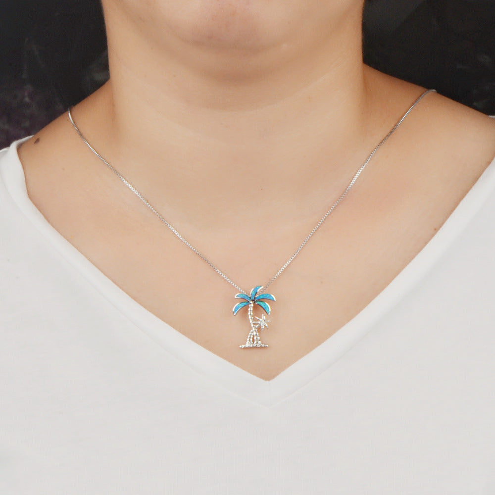 Collier avec pendentif en forme de cocotier en opale bleue Olivenorma