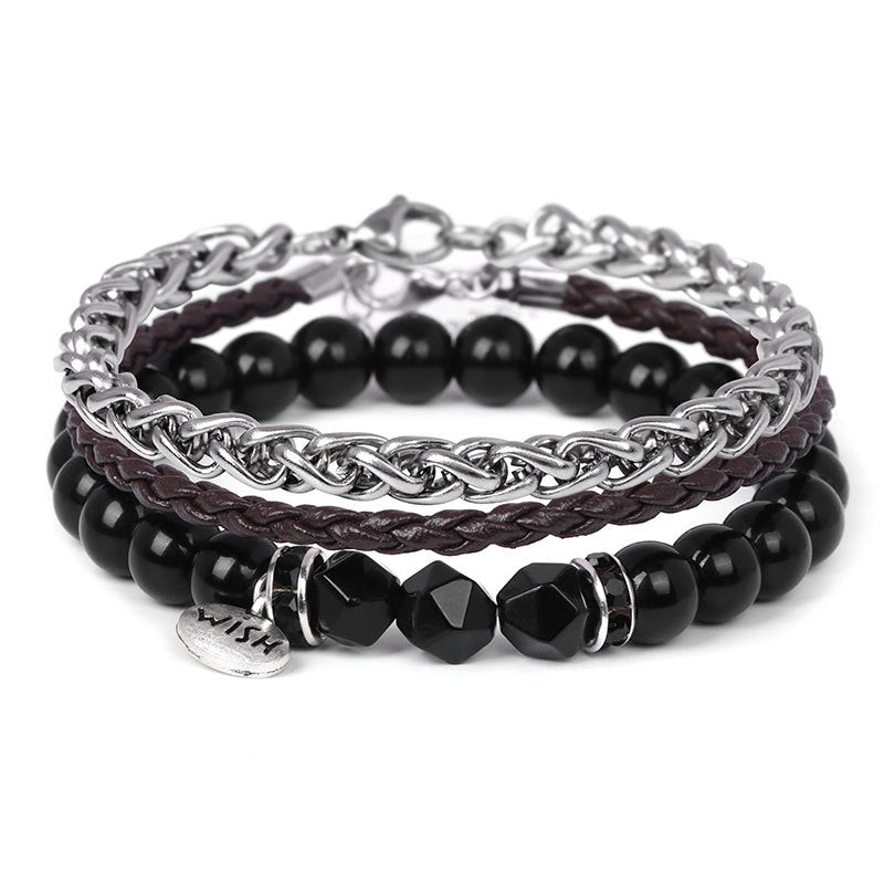 Ensemble de 3 bracelets en cuir tressé avec perles métalliques Olivenorma