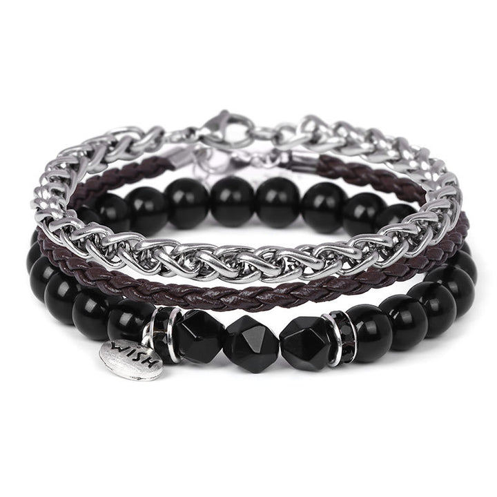 Ensemble de 3 bracelets en cuir tressé avec perles métalliques Olivenorma