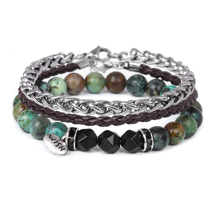Ensemble de 3 bracelets en cuir tressé avec perles métalliques Olivenorma - Onyx noir et turquoise africaine - image 14