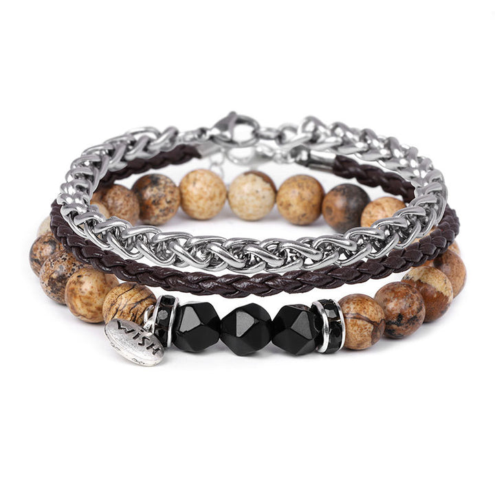 Ensemble de 3 bracelets en cuir tressé avec perles métalliques Olivenorma