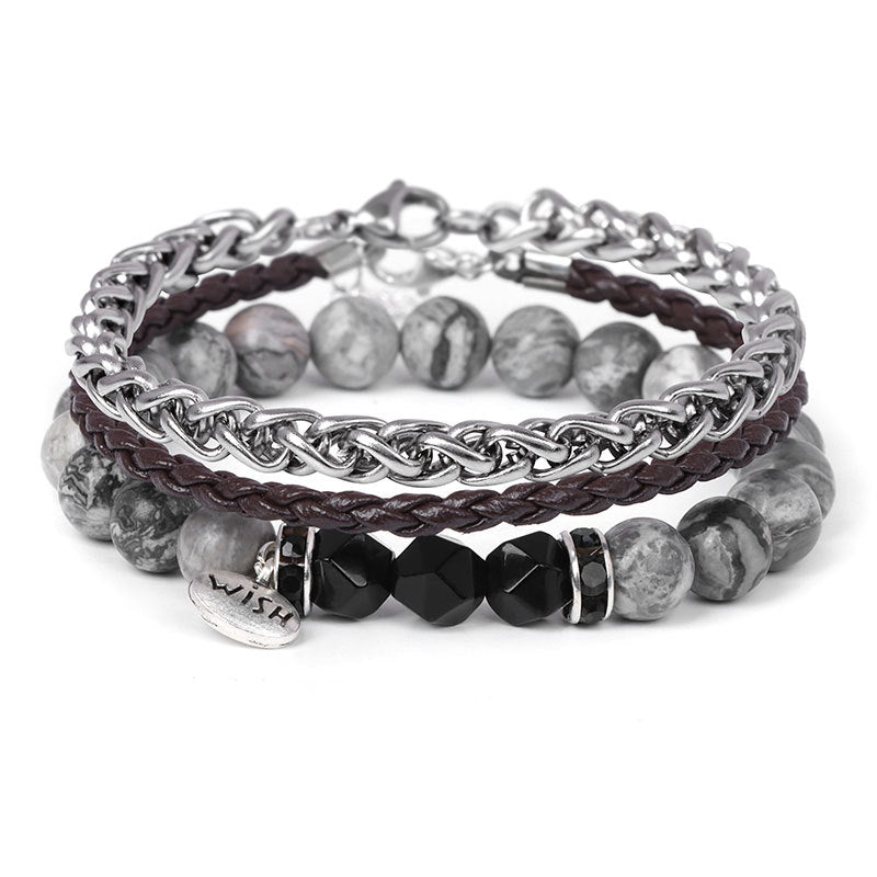 Ensemble de 3 bracelets en cuir tressé avec perles métalliques Olivenorma