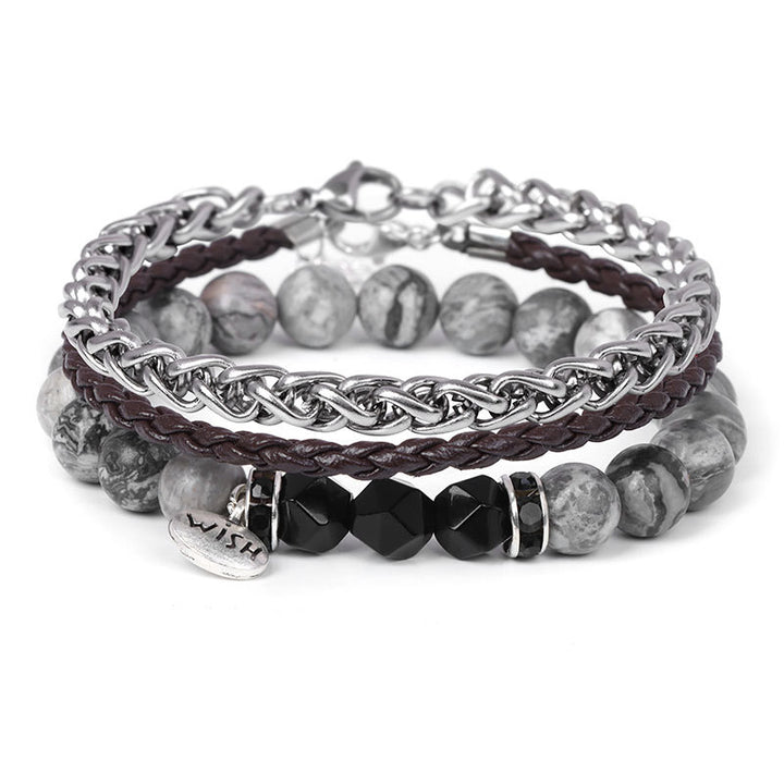 Ensemble de 3 bracelets en cuir tressé avec perles métalliques Olivenorma
