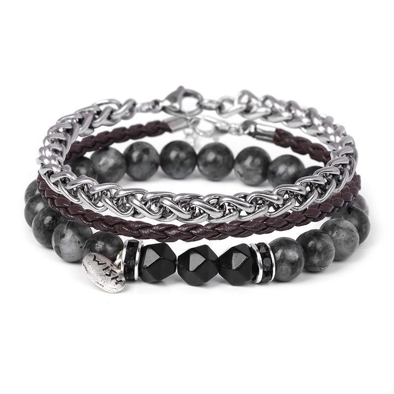Ensemble de 3 bracelets en cuir tressé avec perles métalliques Olivenorma - Onyx noir et labradorite - image 8