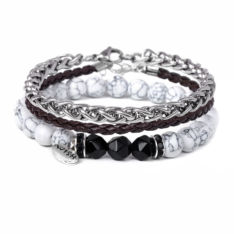 Ensemble de 3 bracelets en cuir tressé avec perles métalliques Olivenorma - Onyx noir et turquoise blanche - image 11