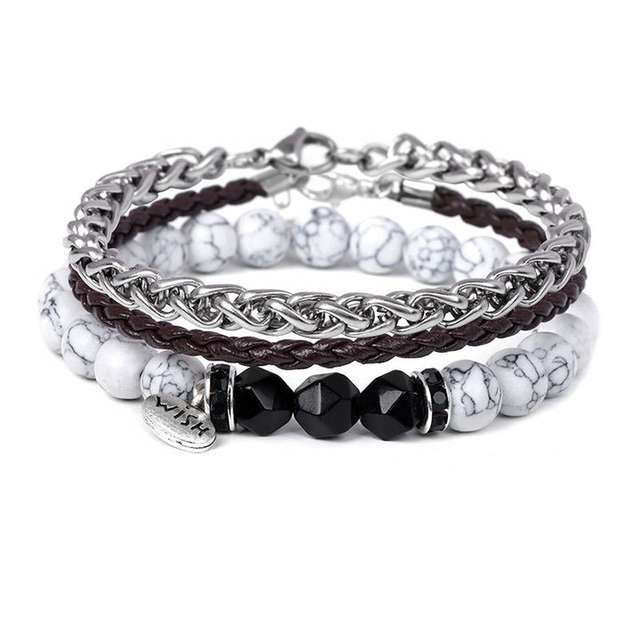 Ensemble de 3 bracelets en cuir tressé avec perles métalliques Olivenorma - Onyx noir et turquoise blanche - image 11