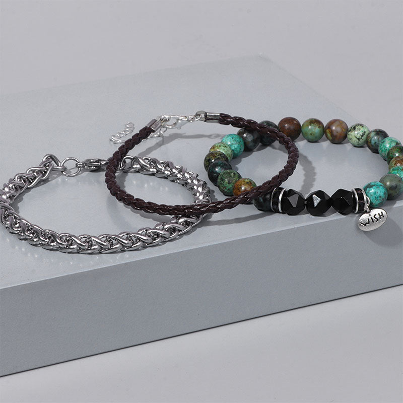 Ensemble de 3 bracelets en cuir tressé avec perles métalliques Olivenorma