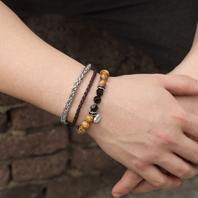 Ensemble de 3 bracelets en cuir tressé avec perles métalliques Olivenorma - image 1