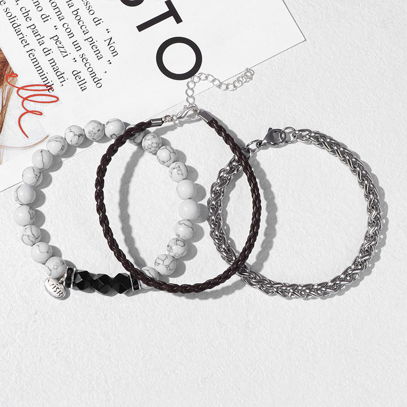 Ensemble de 3 bracelets en cuir tressé avec perles métalliques Olivenorma