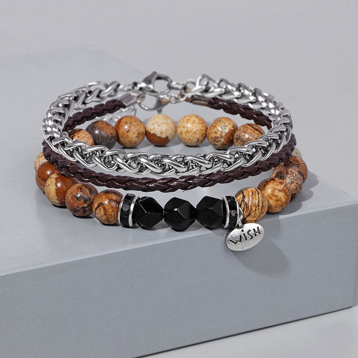 Ensemble de 3 bracelets en cuir tressé avec perles métalliques Olivenorma