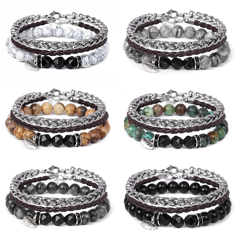 Ensemble de 3 bracelets en cuir tressé avec perles métalliques Olivenorma