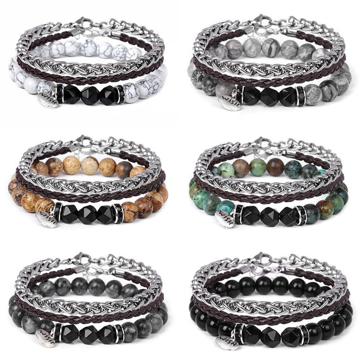 Ensemble de 3 bracelets en cuir tressé avec perles métalliques Olivenorma