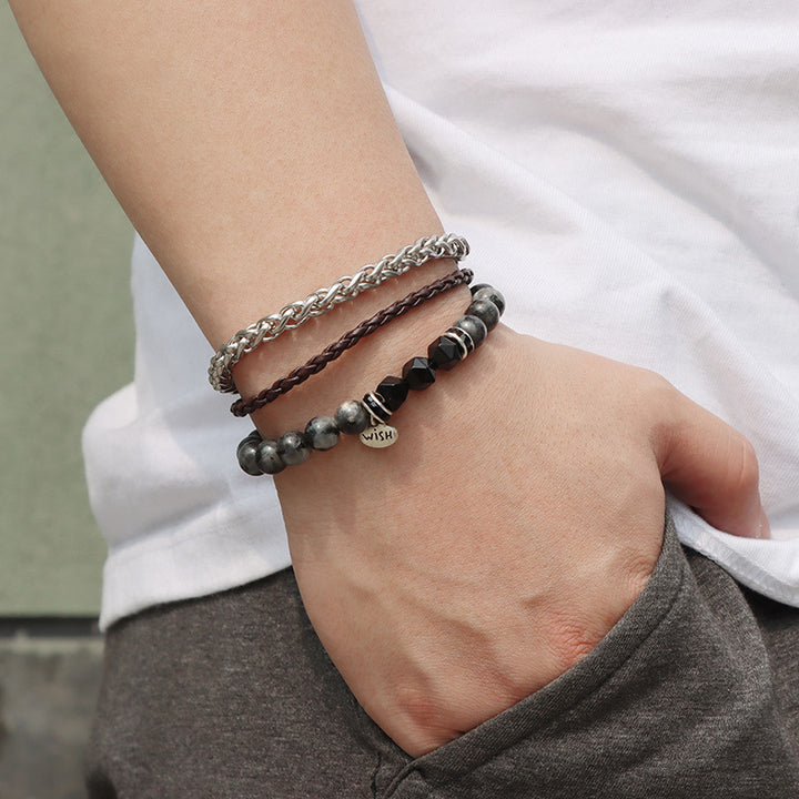 Ensemble de 3 bracelets en cuir tressé avec perles métalliques Olivenorma