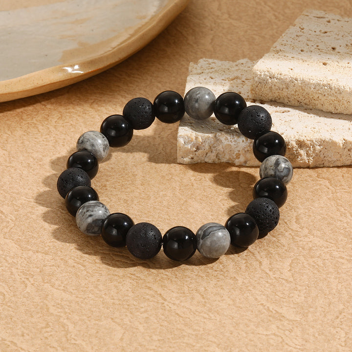 Bracelet Olivenorma en pierre de lave, onyx noir, jaspe gris, 10 mm