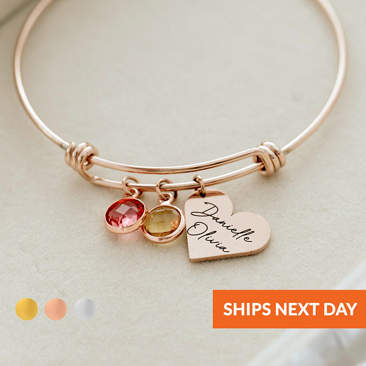 Bracelet rétractable personnalisé avec pierre de naissance gravée en forme de cœur Olivenorma