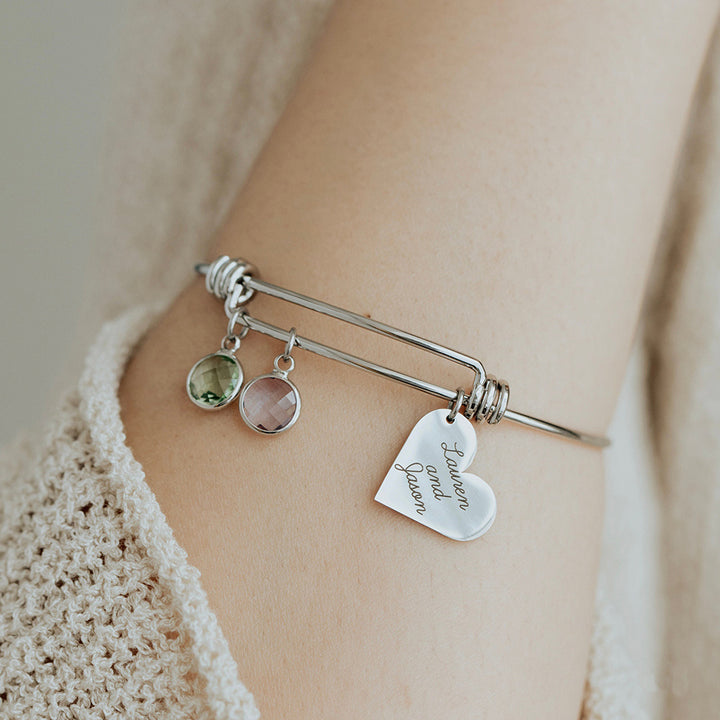 Bracelet rétractable personnalisé avec pierre de naissance gravée en forme de cœur Olivenorma