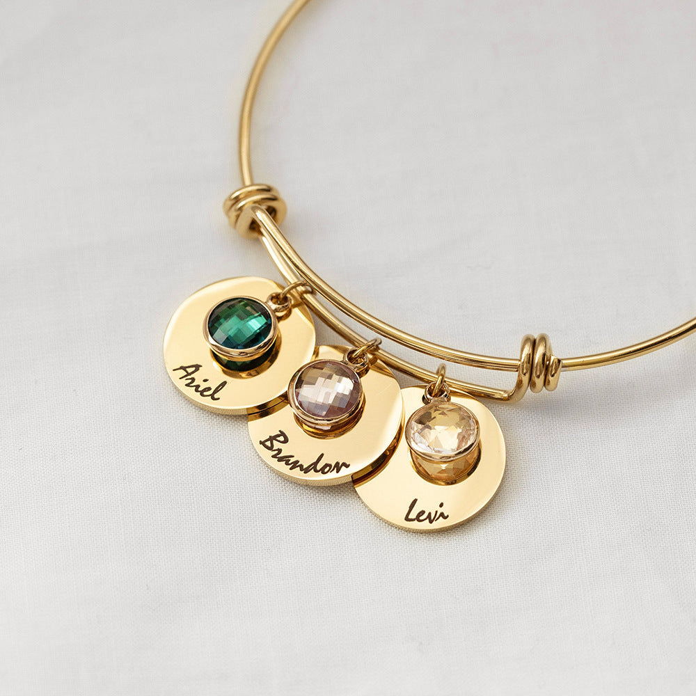Bracelet rétractable avec disque personnalisé et pierre de naissance gravée Olivenorma 