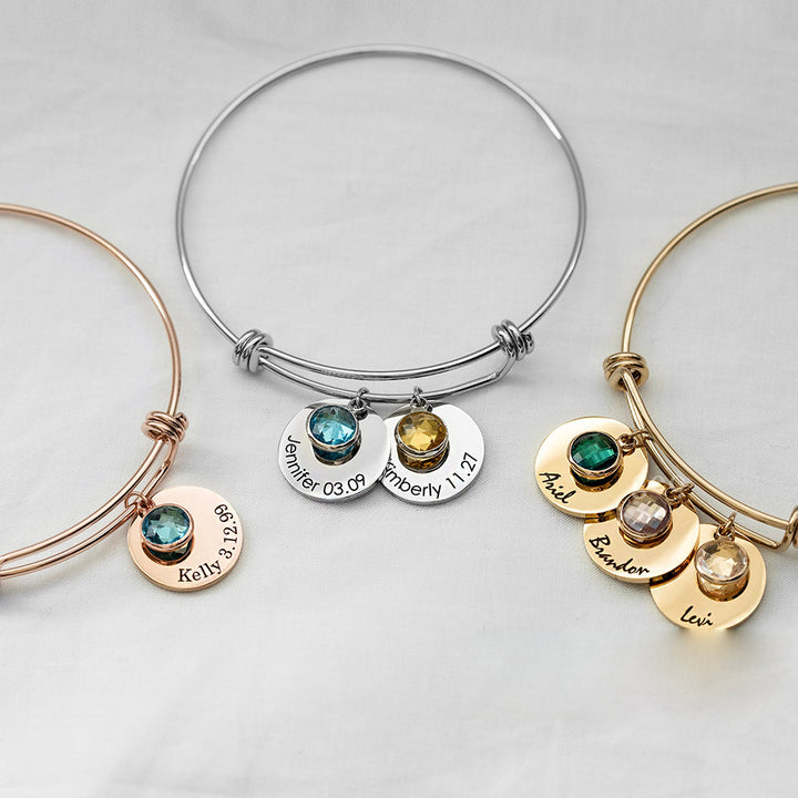 Bracelet rétractable avec disque personnalisé et pierre de naissance gravée Olivenorma 