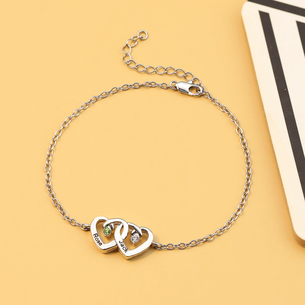 Bracelet Olivenorma avec pierre de naissance gravée en forme de cœur et double diamant