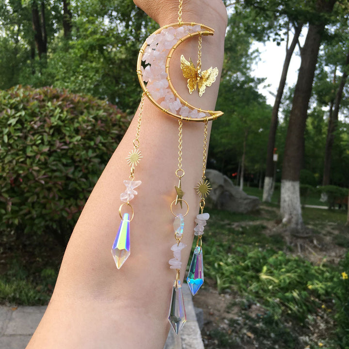 Carillon éolien en cristal naturel avec motif lune et papillon Olivenorma