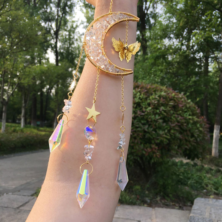 Carillon éolien en cristal naturel avec motif lune et papillon Olivenorma