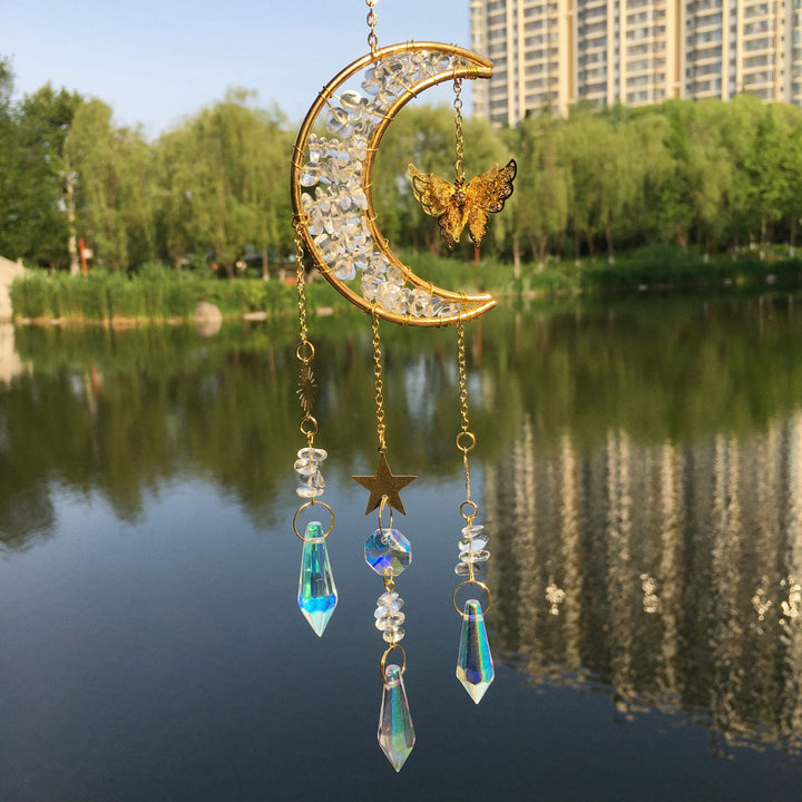 Carillon éolien en cristal naturel avec motif lune et papillon Olivenorma