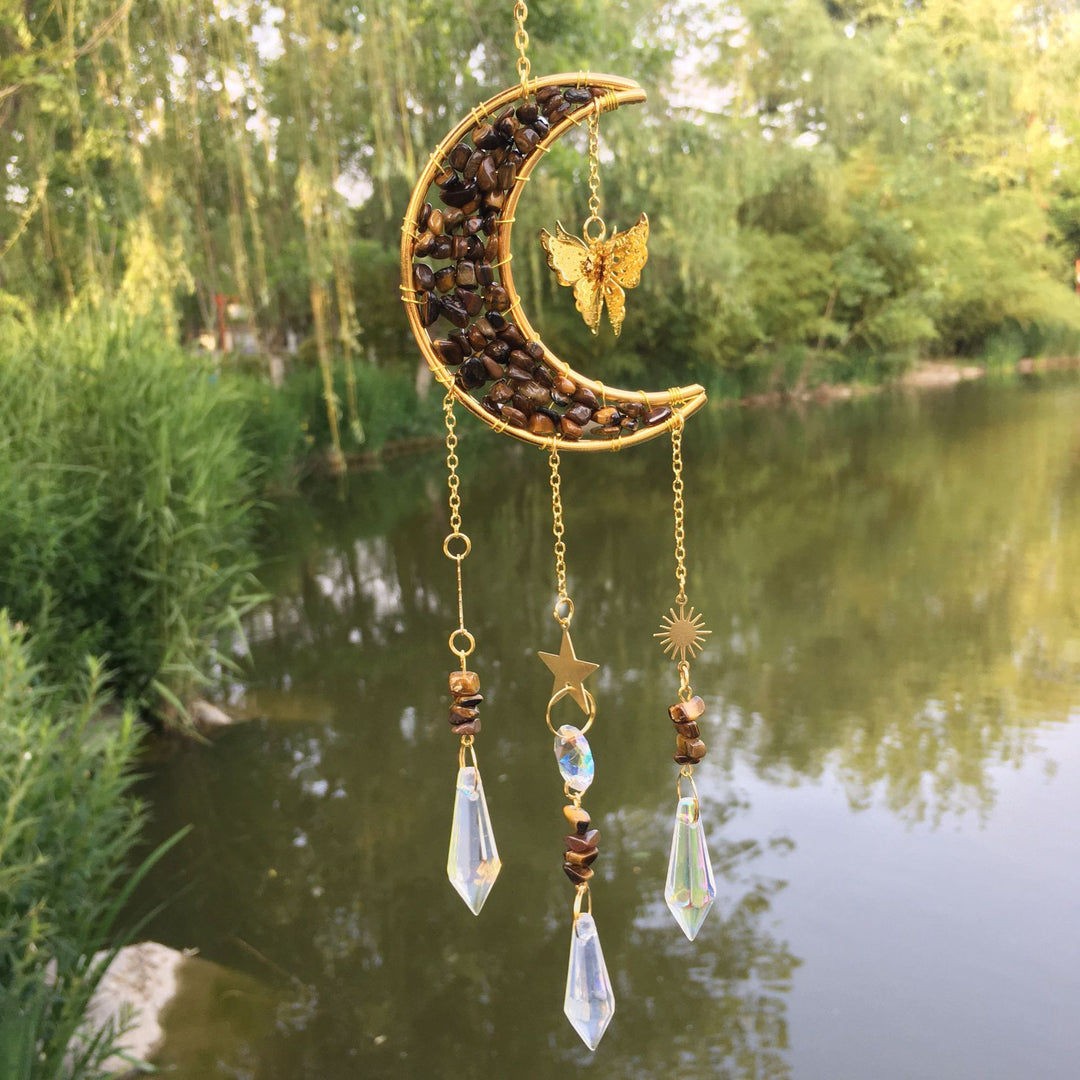 Carillon éolien en cristal naturel avec motif lune et papillon Olivenorma
