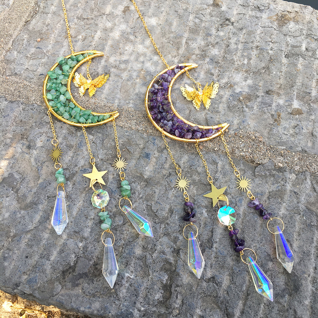 Carillon éolien en cristal naturel avec motif lune et papillon Olivenorma