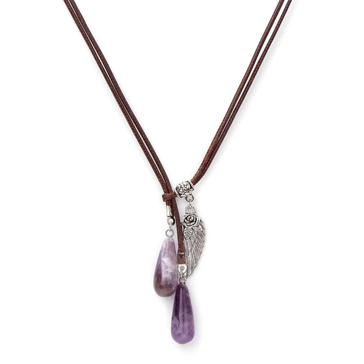 Collier pendentif en pierre naturelle avec ailes en cuir et corde Olivenorma 